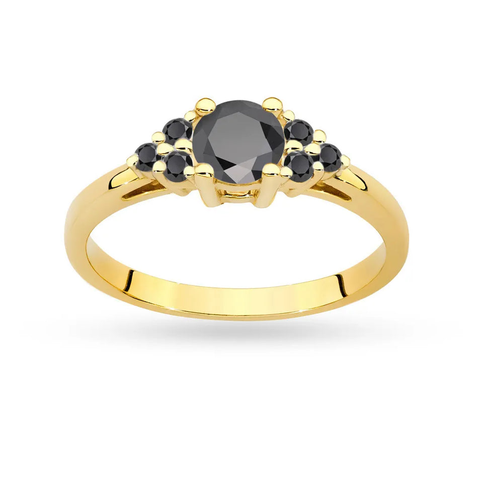 Ring aus 14-karätigem (585) Gold mit einem zentralen schwarzen Diamanten von 0,50 ct und einer Seitenlinie aus 6 x 0,03 ct schwarzen Diamanten. Perfekt als Geschenk.