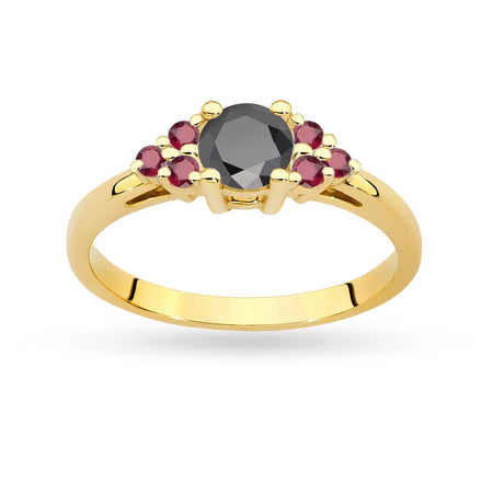 Ring aus 14-karätigem (585) Gold mit 0,50 ct schwarzem Diamanten und 6 Rubinen. Perfekt als Geschenk.