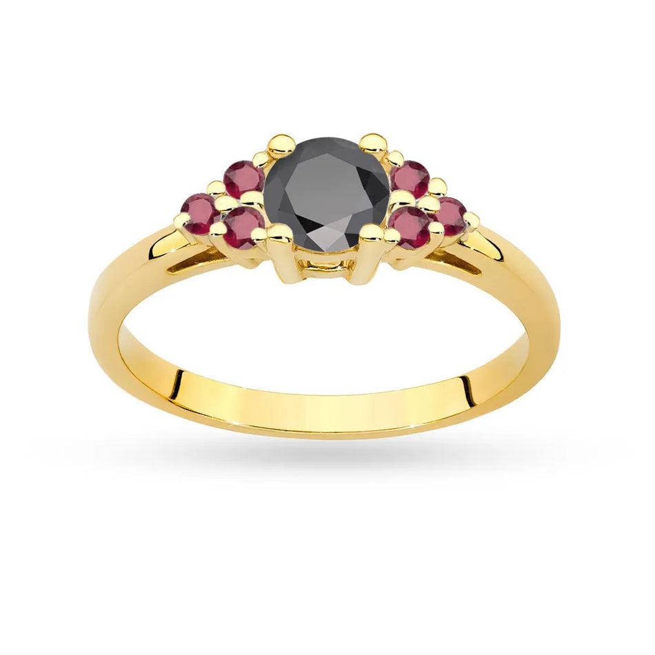 Gold 14k(585) ring with 0,50ct black diamond with 6 rubies. Perfect for a gift.