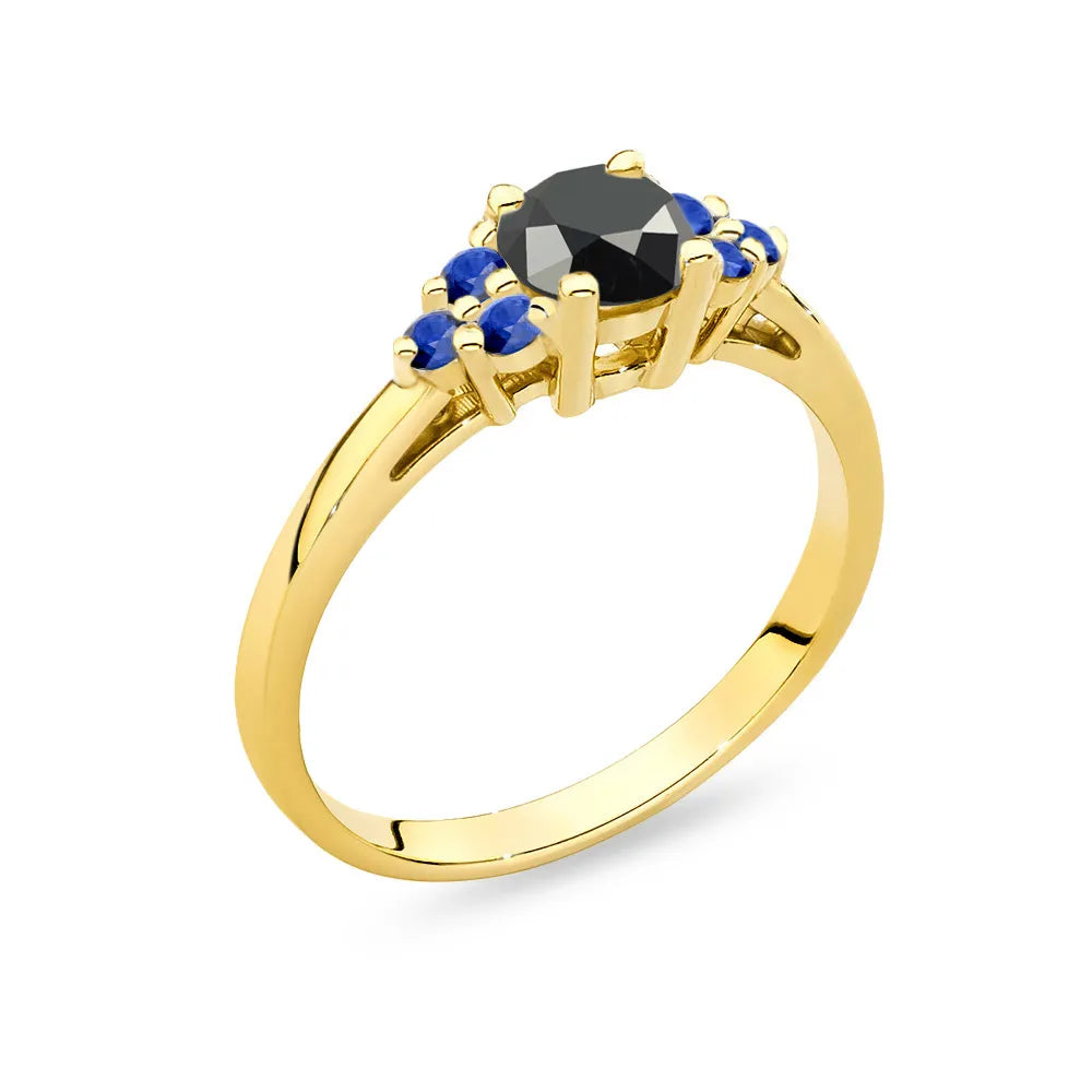 Ring aus 14-karätigem (585) Gold mit 0,50 ct schwarzem Diamant und 6 Saphiren. Perfekt als Geschenk.