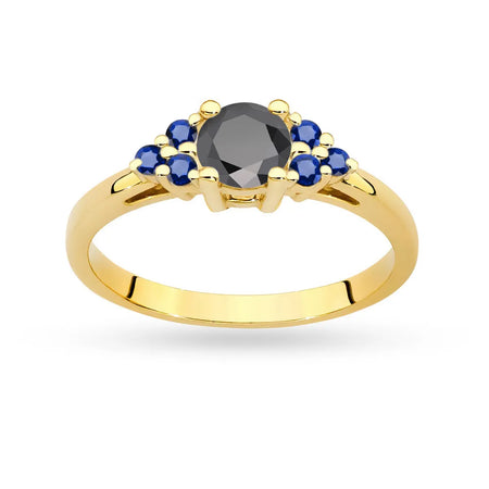 Ring aus 14-karätigem (585) Gold mit 0,50 ct schwarzem Diamant und 6 Saphiren. Perfekt als Geschenk.