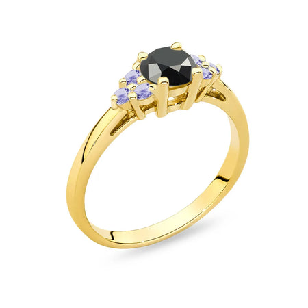 Ring aus 14-karätigem (585) Gold mit 0,50 ct schwarzem Diamanten und 6 Tansaniten. Perfekt als Geschenk.