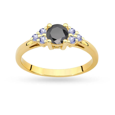 Ring aus 14-karätigem (585) Gold mit 0,50 ct schwarzem Diamanten und 6 Tansaniten. Perfekt als Geschenk.