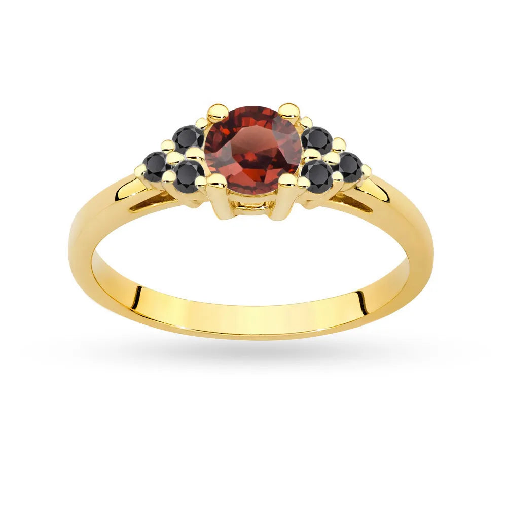 Ring aus 14-karätigem (585) Gold mit 0,60 ct Granat und 6 schwarzen Diamanten. Perfekt als Geschenk.