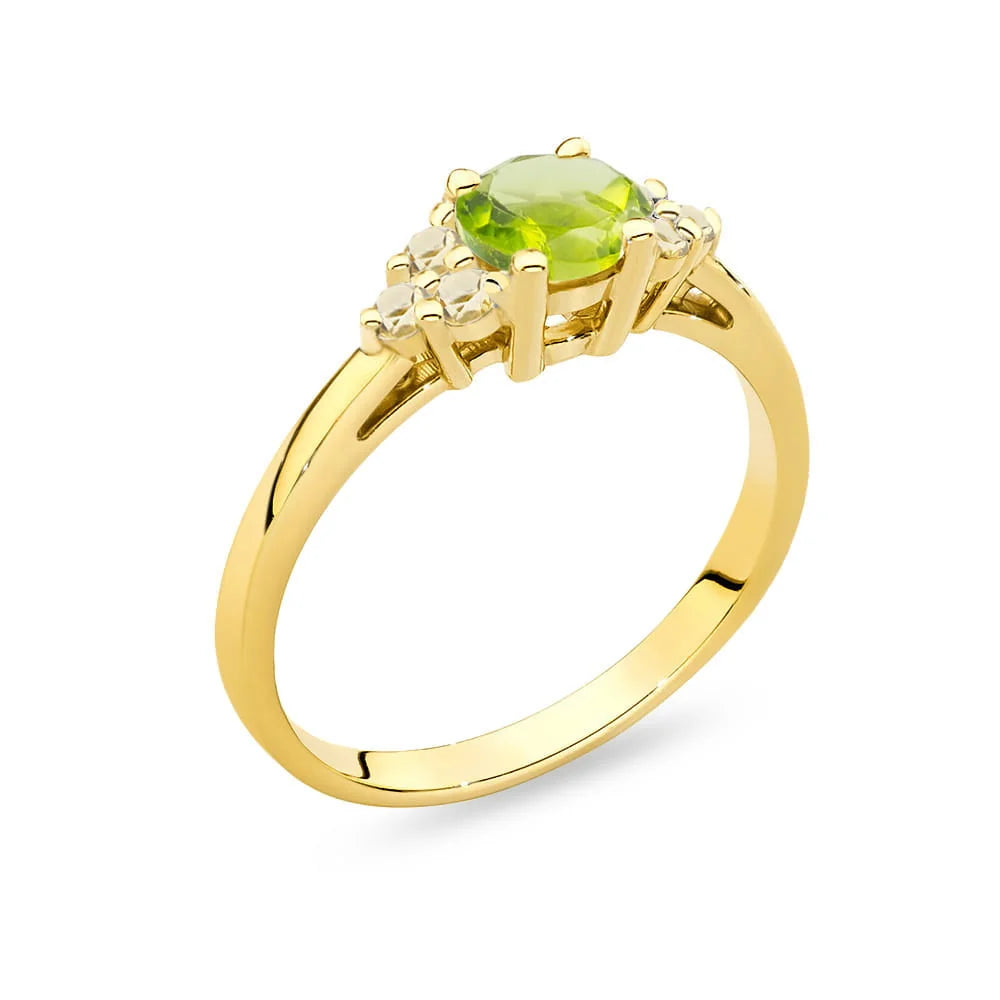 Ring aus 14-karätigem (585) Gold mit 0,60 ct Olivin und 6 bronzefarbenen Diamanten. Perfekt als Geschenk.