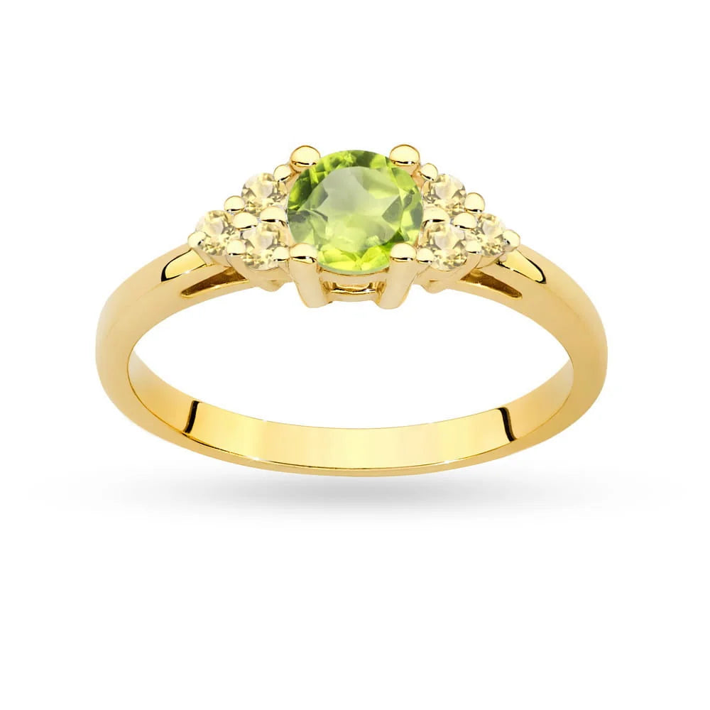 Ring aus 14-karätigem (585) Gold mit 0,60 ct Olivin und 6 bronzefarbenen Diamanten. Perfekt als Geschenk.