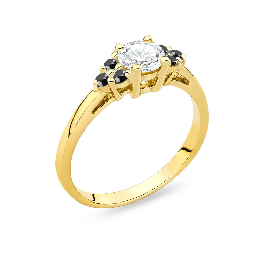 Ring aus 14-karätigem (585) Gold mit 0,60 ct weißem Saphir und 6 schwarzen Diamanten. Perfekt als Geschenk.