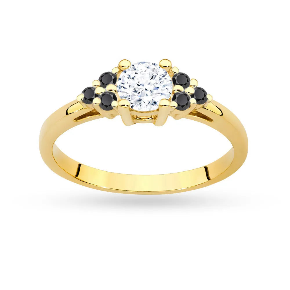 Ring aus 14-karätigem (585) Gold mit 0,60 ct weißem Saphir und 6 schwarzen Diamanten. Perfekt als Geschenk.