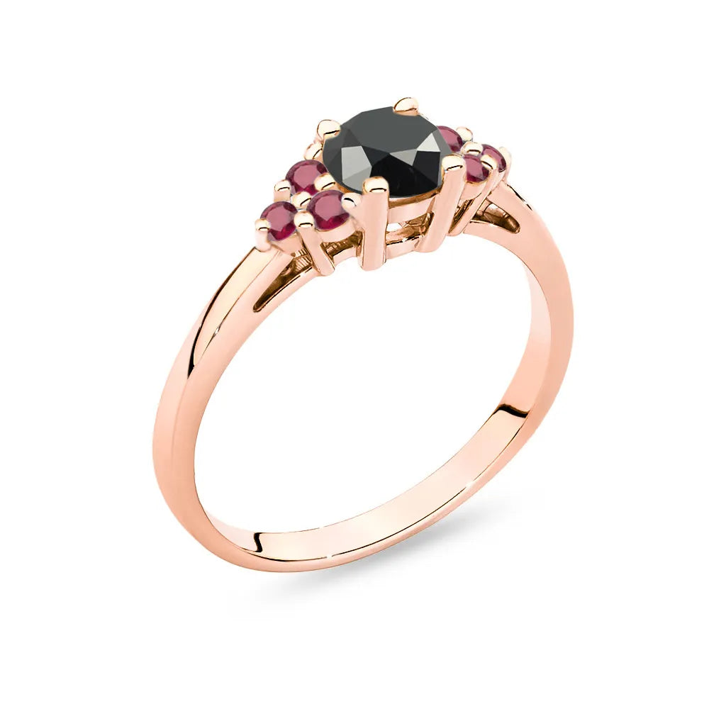 Ring aus 14 Karat (585) Roségold mit 0,50 ct schwarzem Diamanten und 6 Rubinen. Perfekt als Geschenk.
