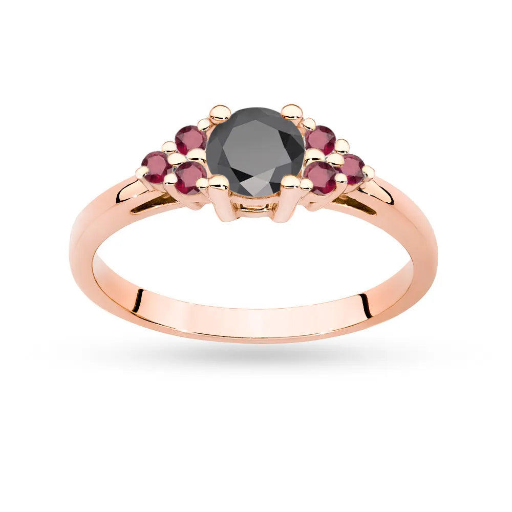 Ring aus 14 Karat (585) Roségold mit 0,50 ct schwarzem Diamanten und 6 Rubinen. Perfekt als Geschenk.