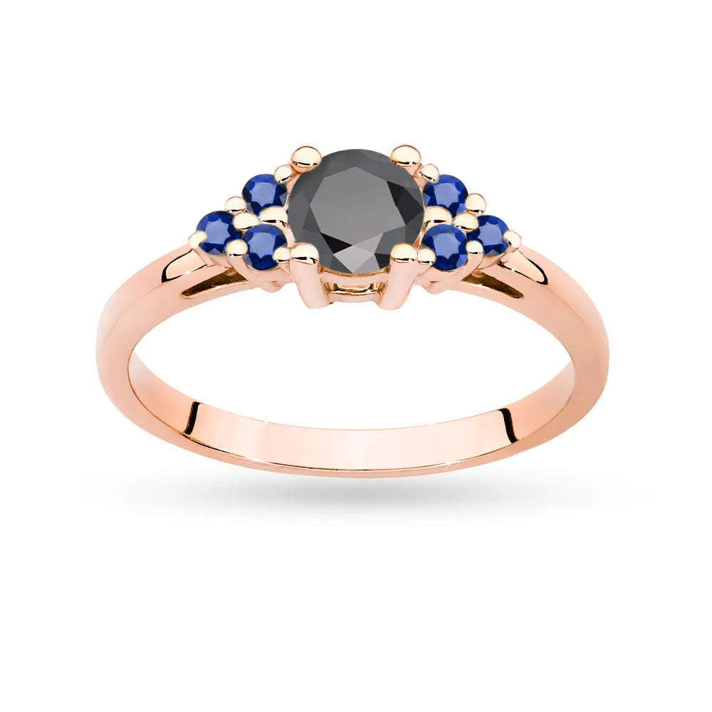 Ring aus Roségold 14 Karat (585) mit 0,50 ct schwarzem Diamanten und 6 Saphiren. Perfekt als Geschenk.