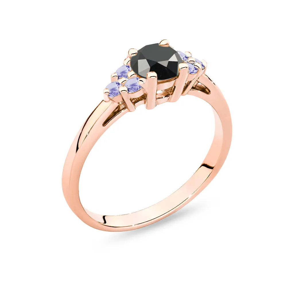 Ring aus Roségold 14 Karat (585) mit 0,50 ct schwarzem Diamanten und 6 Tansanitsteinen. Perfekt als Geschenk.