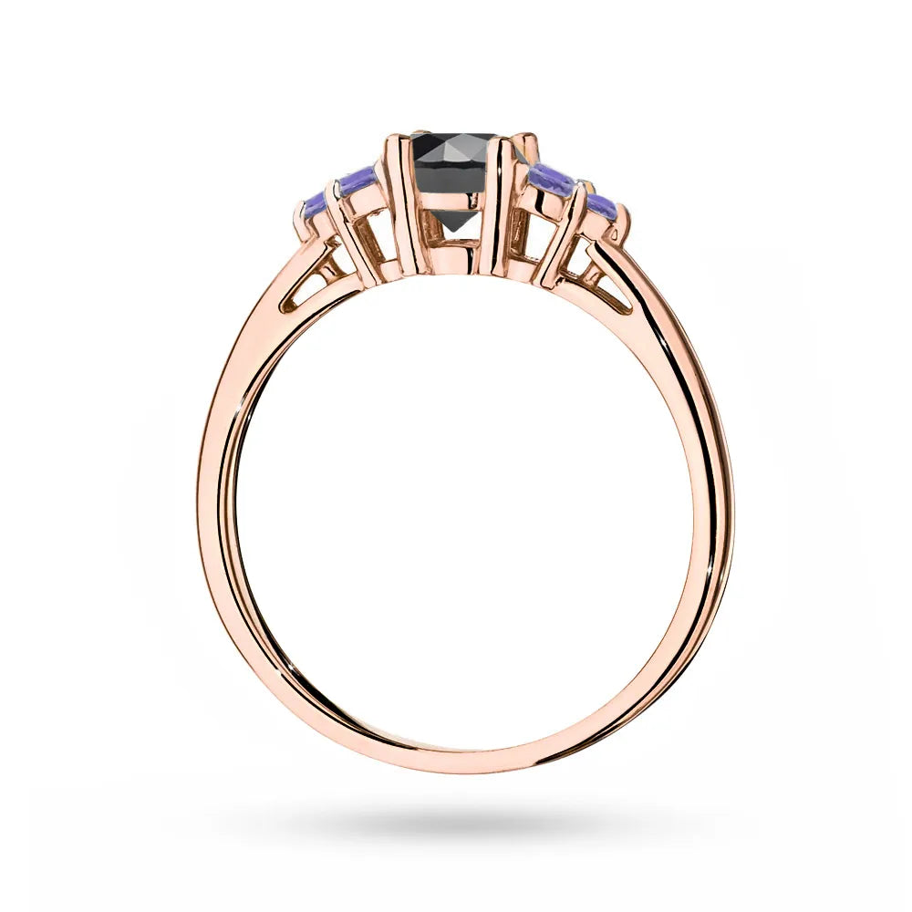 Ring aus Roségold 14 Karat (585) mit 0,50 ct schwarzem Diamanten und 6 Tansanitsteinen. Perfekt als Geschenk.