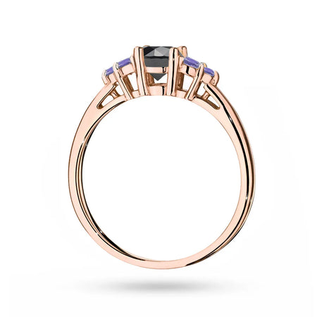 Ring aus Roségold 14 Karat (585) mit 0,50 ct schwarzem Diamanten und 6 Tansanitsteinen. Perfekt als Geschenk.