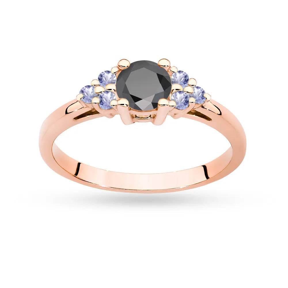 Ring aus Roségold 14 Karat (585) mit 0,50 ct schwarzem Diamanten und 6 Tansanitsteinen. Perfekt als Geschenk.