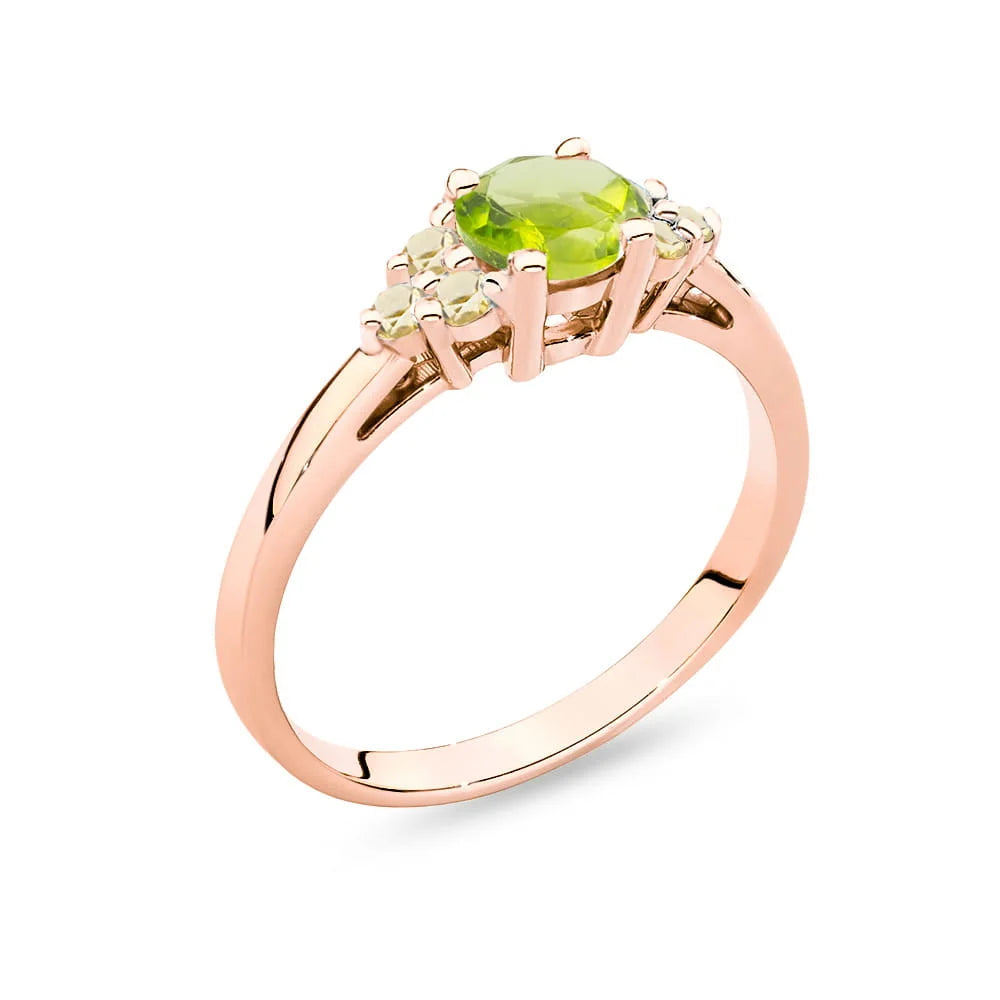 Ring aus Roségold 14 Karat (585) mit 0,60 ct Olivin und 6 bronzefarbenen Diamanten. Perfekt als Geschenk.