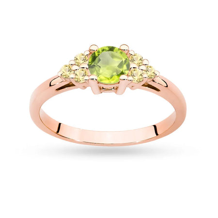 Ring aus Roségold 14 Karat (585) mit 0,60 ct Olivin und 6 bronzefarbenen Diamanten. Perfekt als Geschenk.