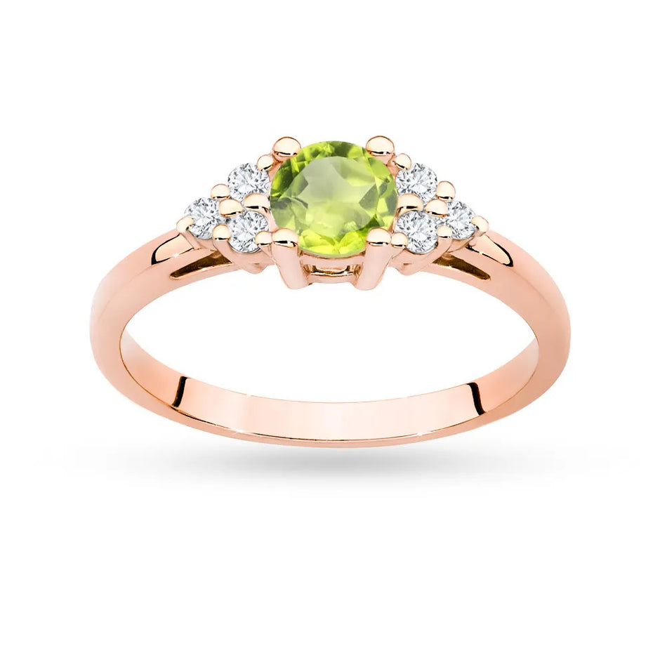 Rose Gold 14k(585) ring with 0,60ct olivine with 6 diamonds. Perfect for a gift.