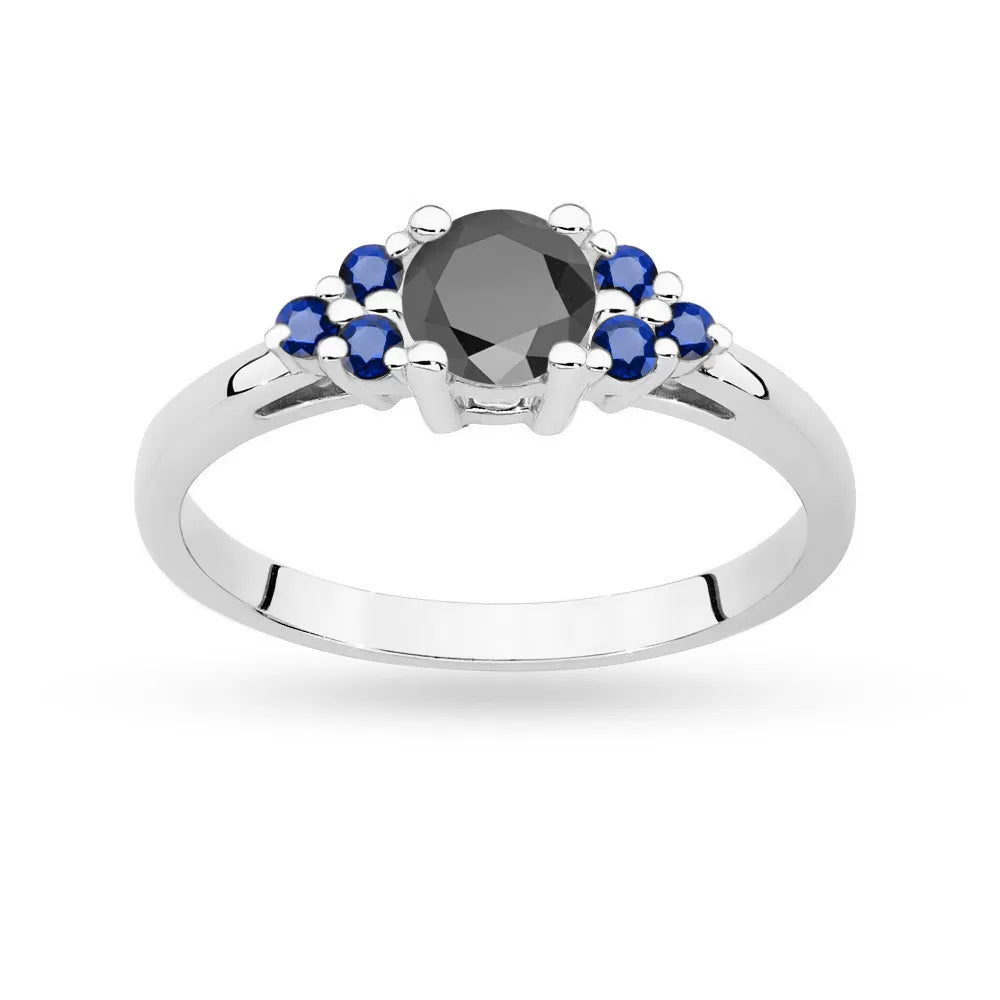 Ring aus 14-karätigem (585) Weißgold mit 0,50 ct schwarzem Diamanten und 6 Saphiren. Perfekt als Geschenk.