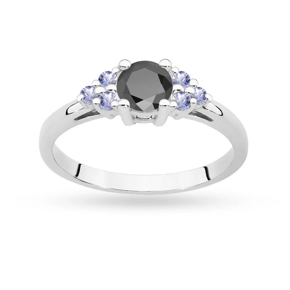 Ring aus 14-karätigem (585) Weißgold mit 0,50 ct schwarzem Diamanten und 6 Tansaniten. Perfekt als Geschenk.