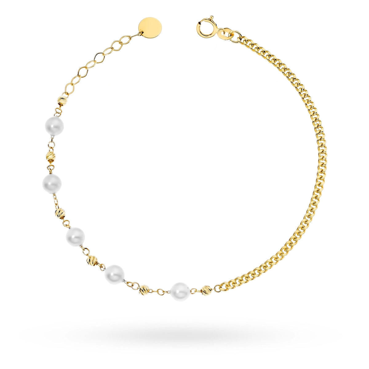 Armband aus 14-karätigem (585) Gold mit Panzerkette, Perlen und Perlen Vintage. Bestellen Sie ein Geschenk für Mutter, Freundin oder Verlobte.