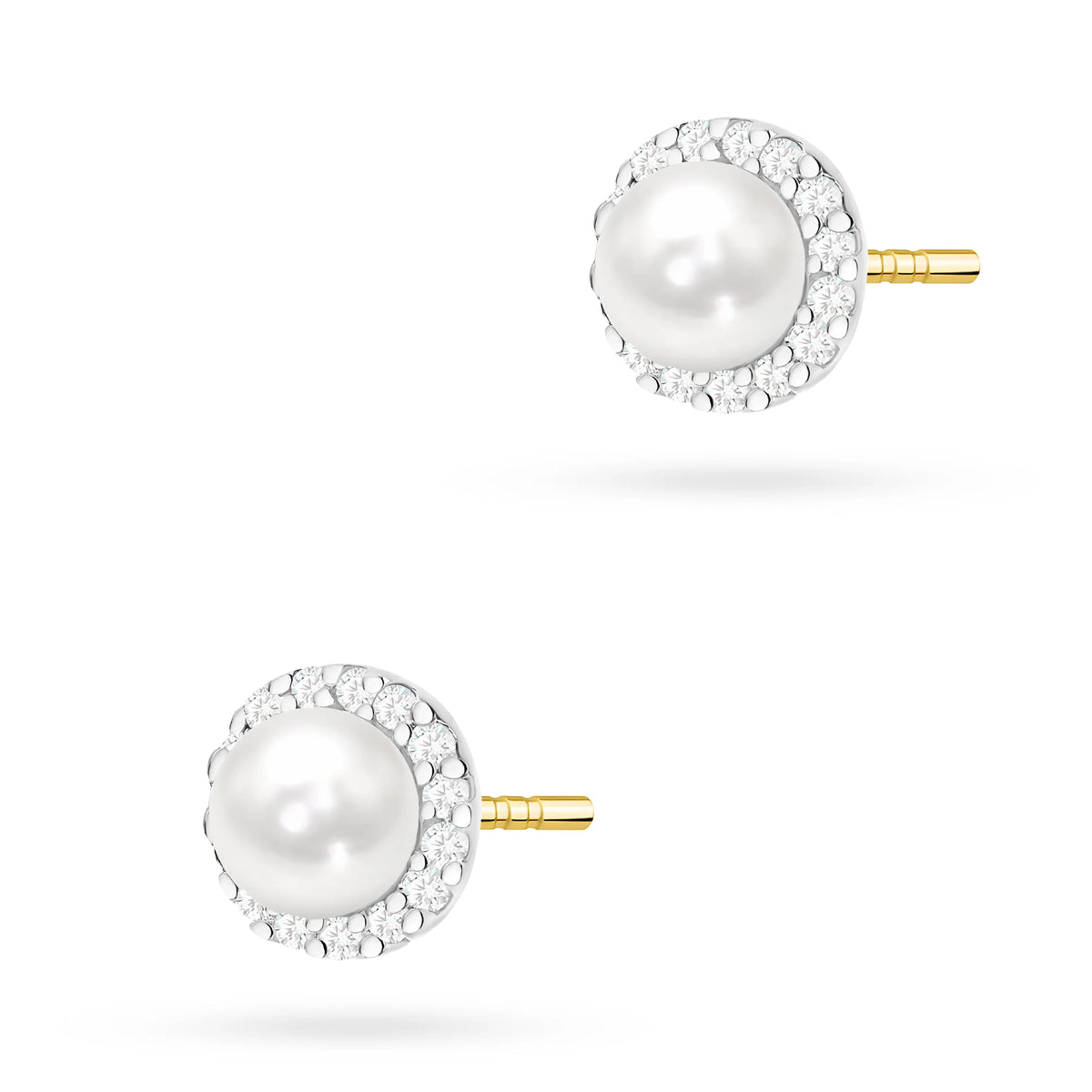 14k (585) Two-color Gold Stud Earrings | Cultured Pearl and Zirconia | GREMARI Jewelry

