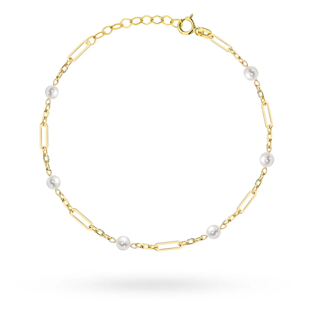 Gold 14k(585) elongated link bracelet with pearls beads in vintage style. Order gift for mother, girlfriend or fiancee.