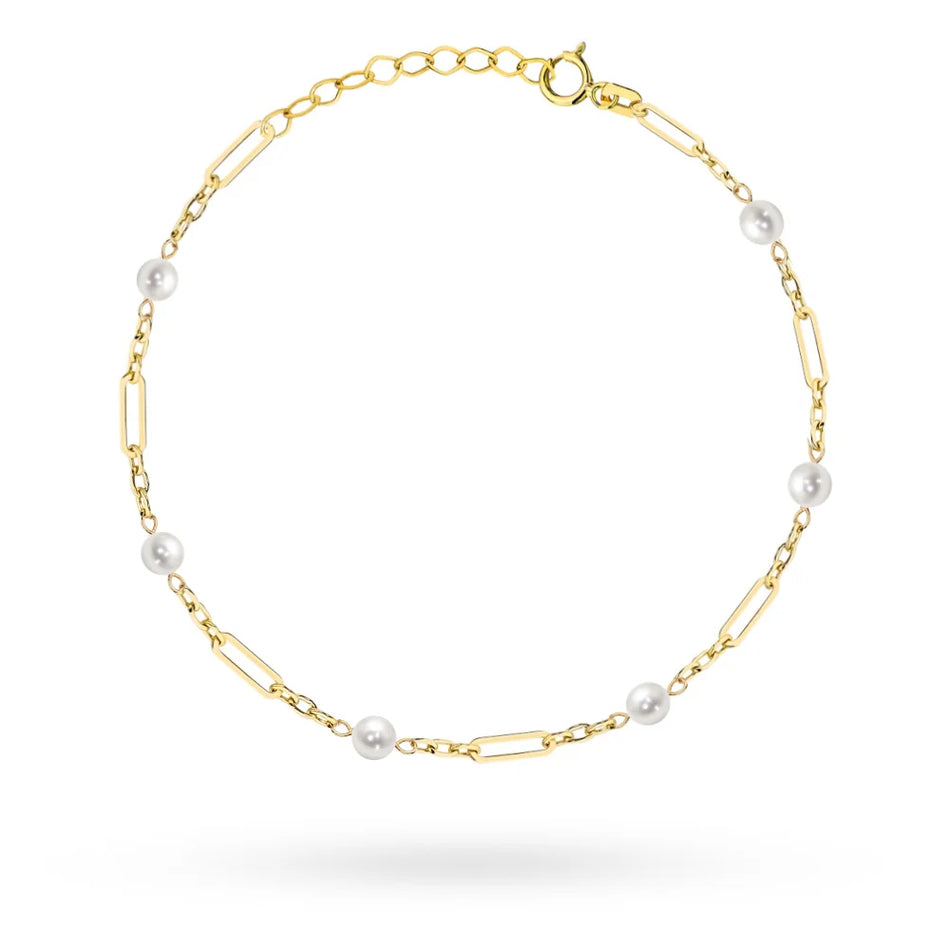 Gold 14k(585) elongated link bracelet with pearls beads in vintage style. Order gift for mother, girlfriend or fiancee.