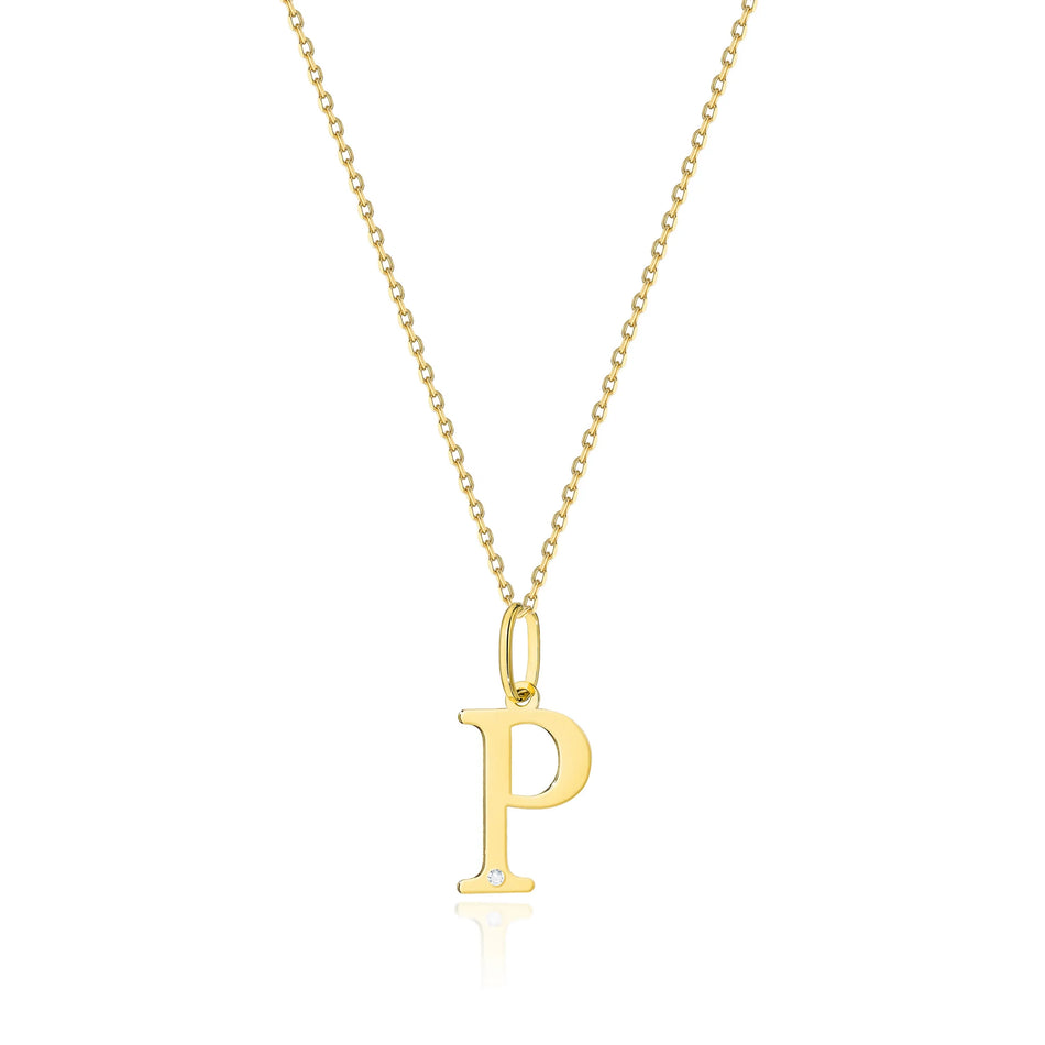 Zarte Halskette aus Gelbgold mit Buchstabenanhänger P und Diamant