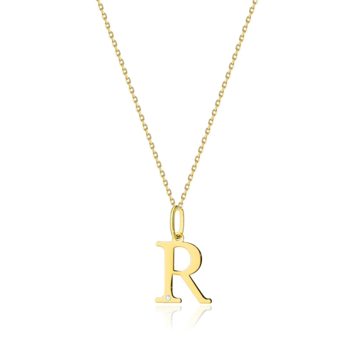 Zarte Halskette aus Gelbgold mit Buchstabenanhänger R und Diamant