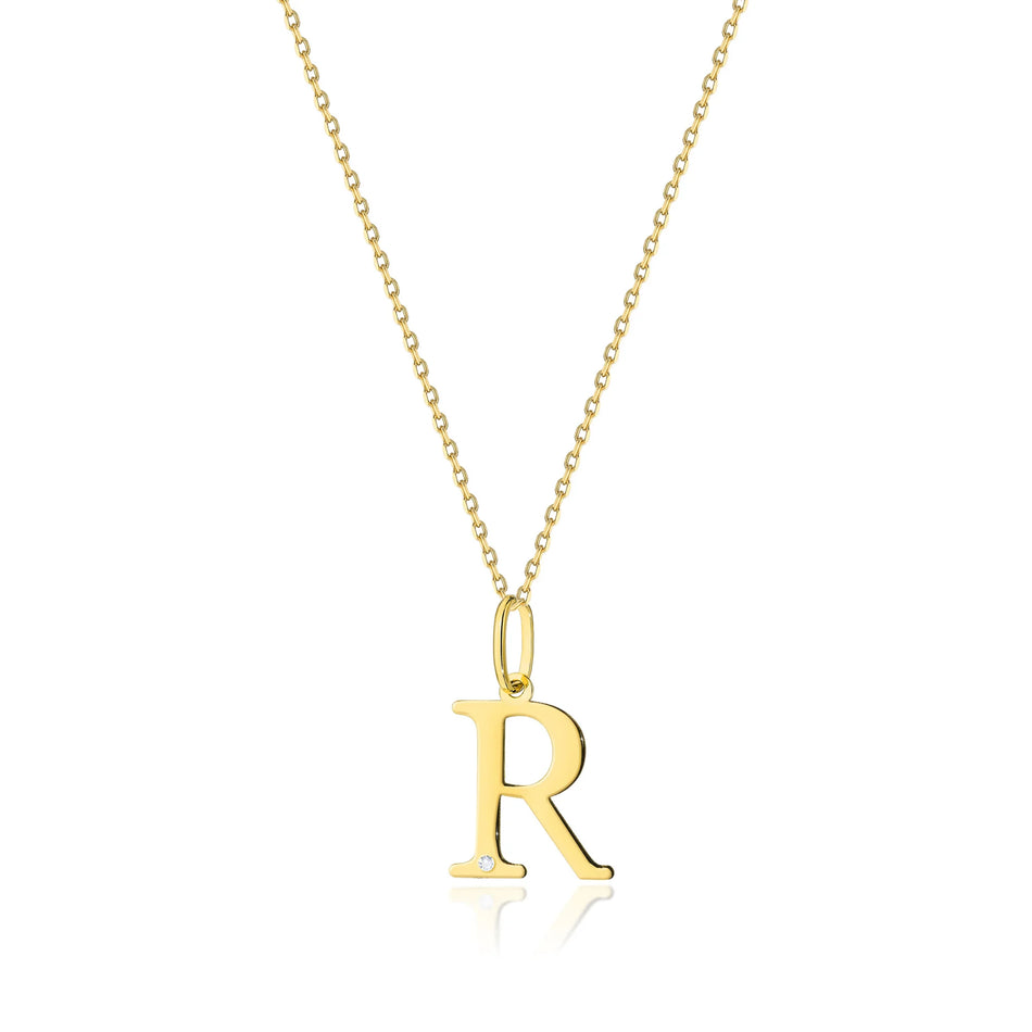 Zarte Halskette aus Gelbgold mit Buchstabenanhänger R und Diamant
