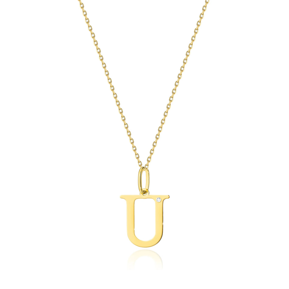 Zarte Halskette aus Gelbgold mit Buchstabenanhänger U und Diamant