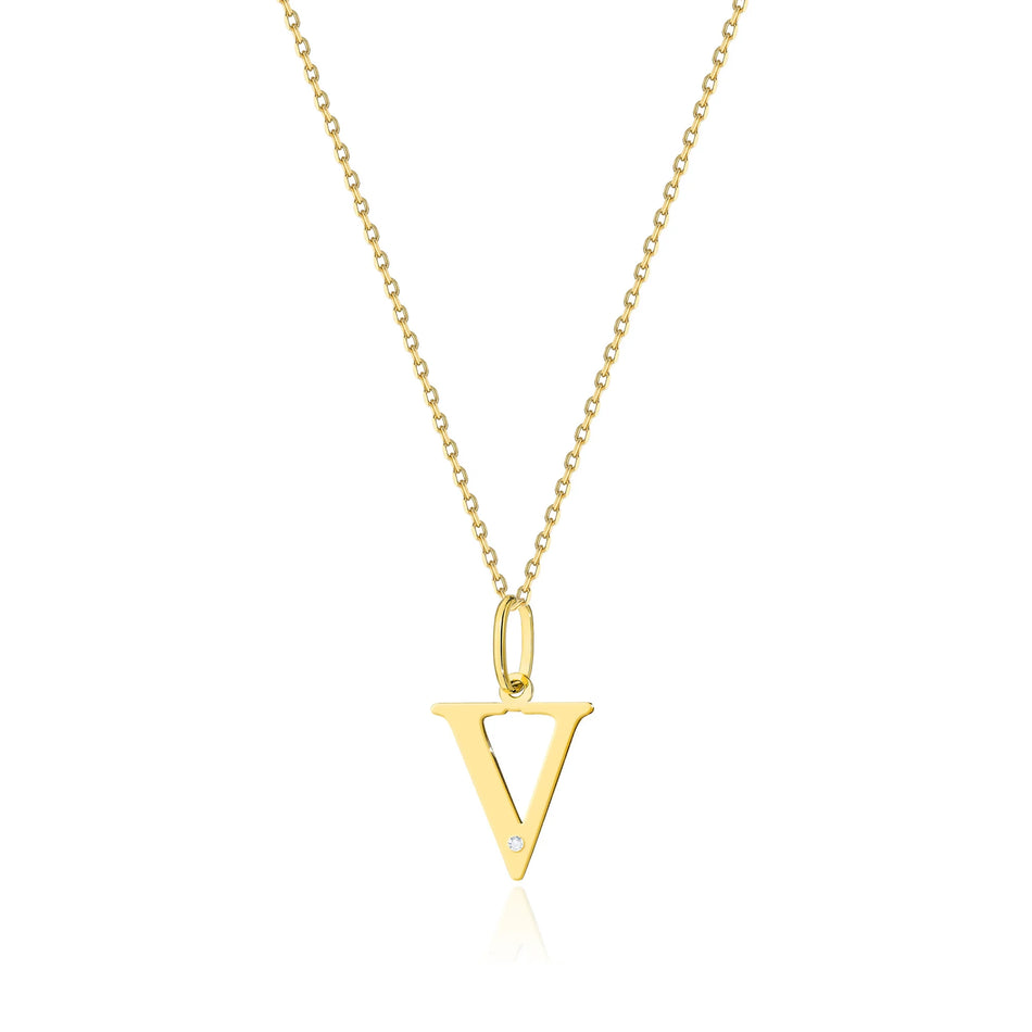 Zarte Halskette aus Gelbgold mit Buchstabenanhänger V und Diamant