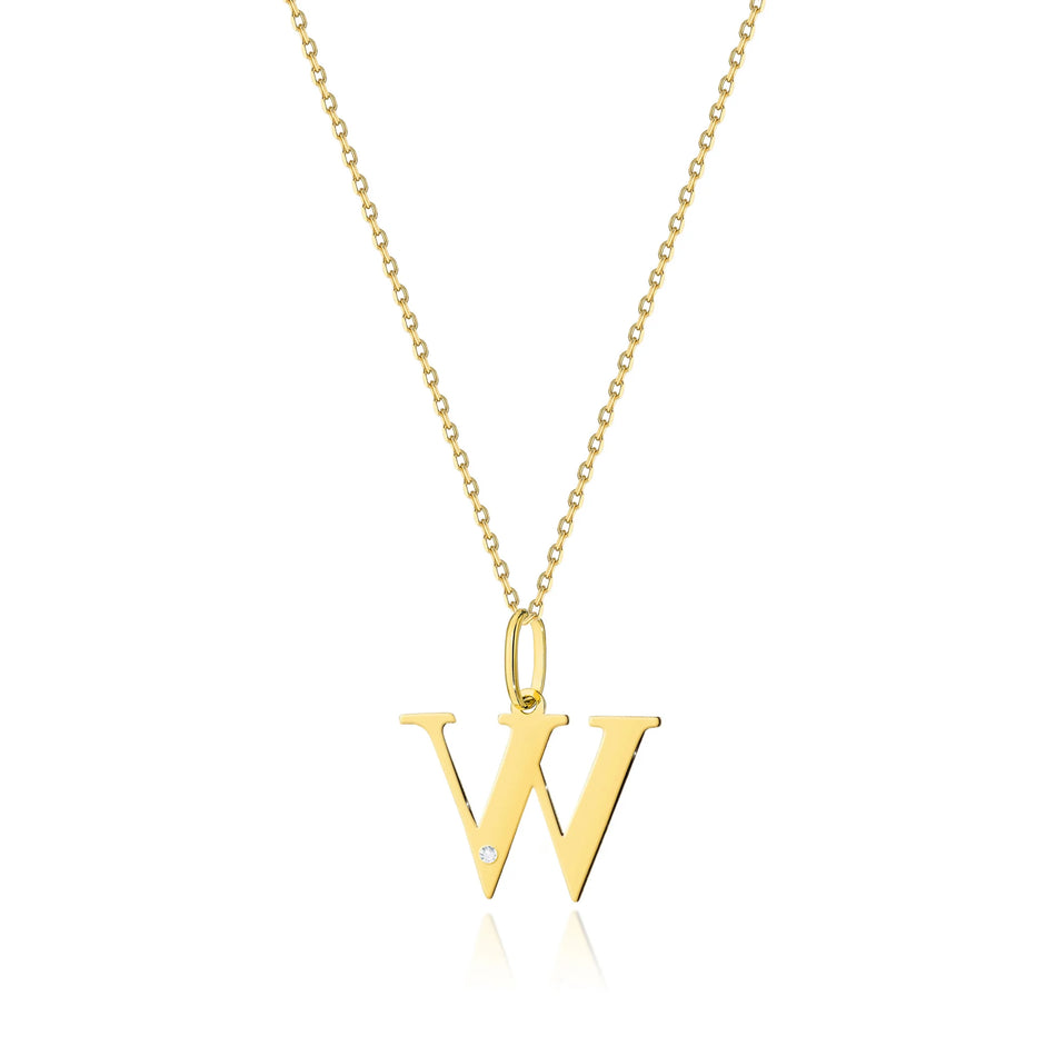 Zarte Halskette aus Gelbgold mit Buchstabenanhänger W und Diamant