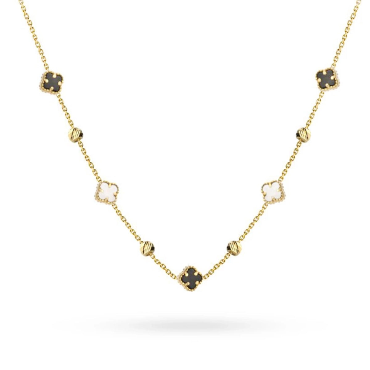 14k Gold (585) Halskette | Schwarz-weißes Kleeblatt-Design | Elegantes Geschenk-Schmuckstück