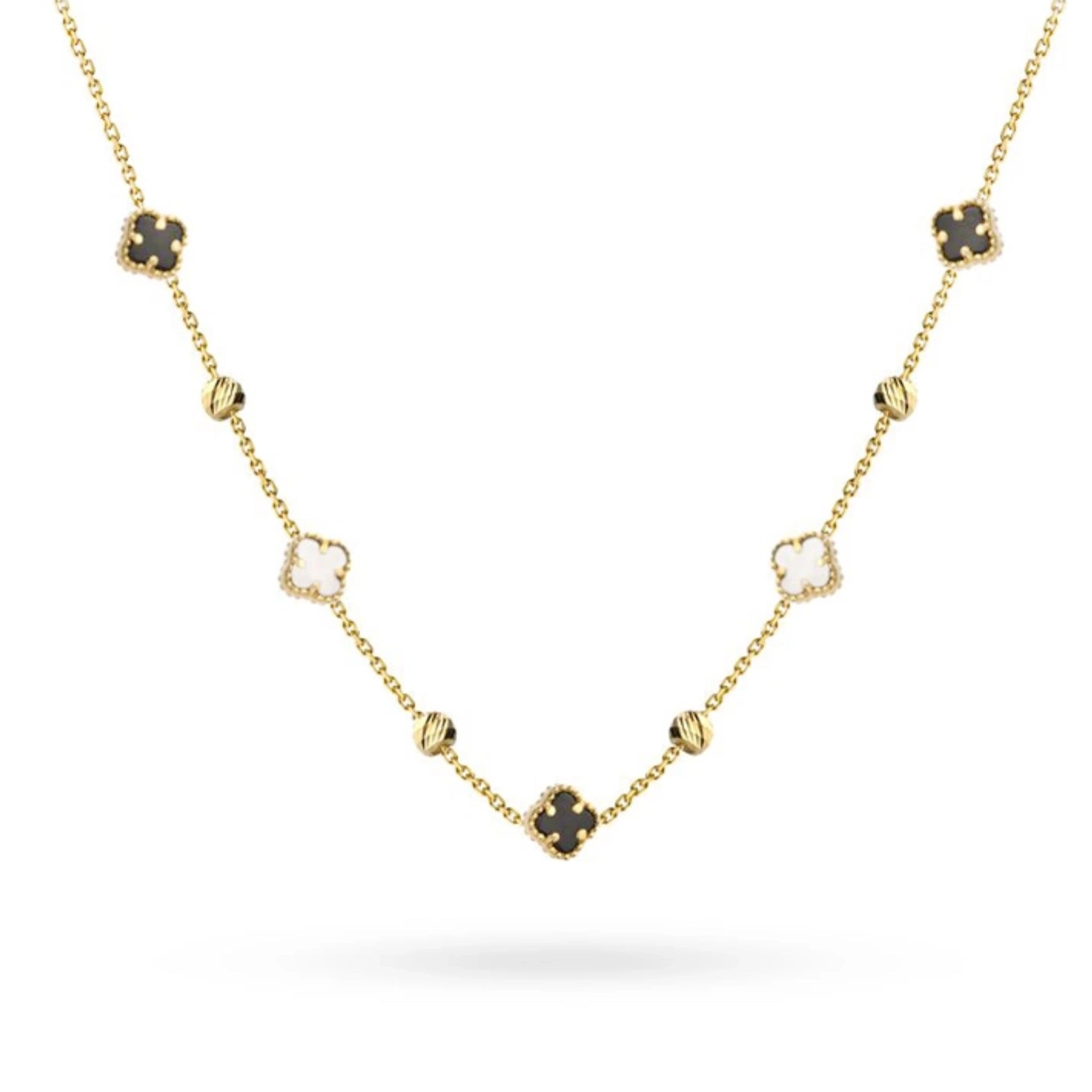 14k Gold (585) Halskette | Schwarz-weißes Kleeblatt-Design | Elegantes Geschenk-Schmuckstück