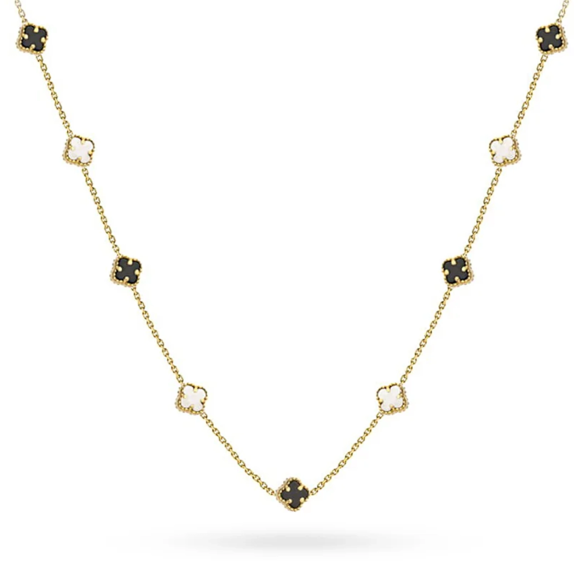 14k Gold (585) Halskette | Schwarz-weißes Kleeblatt-Design | Elegantes Geschenk-Schmuckstück
