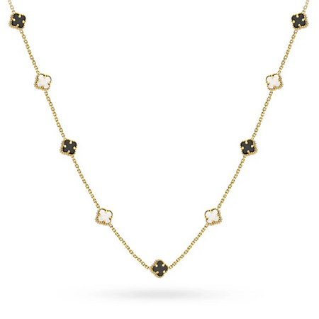 14k Gold (585) Halskette | Schwarz-weißes Kleeblatt-Design | Elegantes Geschenk-Schmuckstück