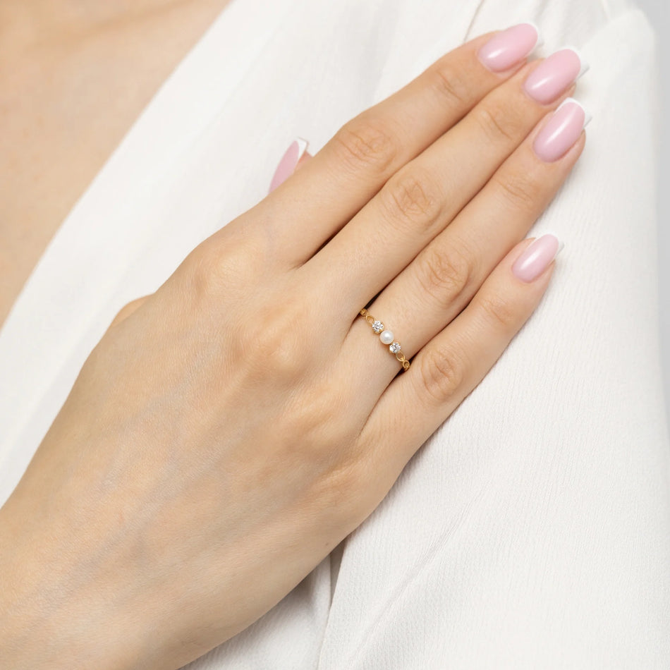 14k Gold (585) Durchbrochener Ring | Perle & Zirkonias | GREMARI Schmuck