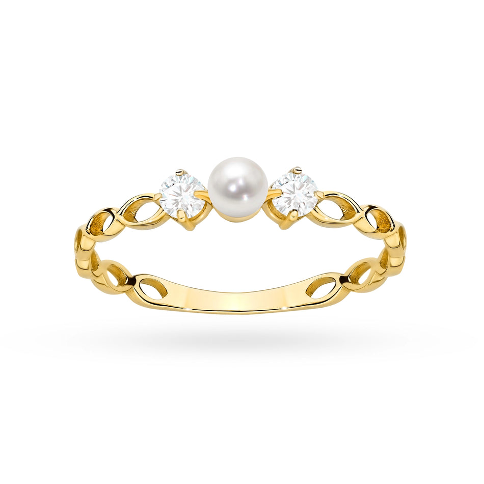 14k Gold (585) Durchbrochener Ring | Perle & Zirkonias | GREMARI Schmuck