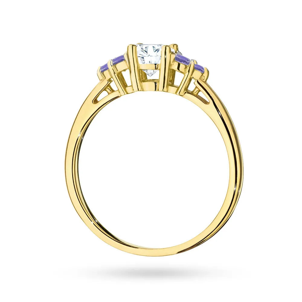 Ring aus 14-karätigem (585) Gold mit 0,60 ct weißem Saphir und 6 Tansaniten. Wird in einer eleganten Schachtel geliefert, die sich perfekt als Geschenk eignet.