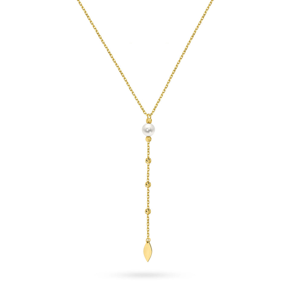 Gold 14k(585) wide necklace with pearl beads in vintage style. Order a gift for mother, girlfriend or fiancee.