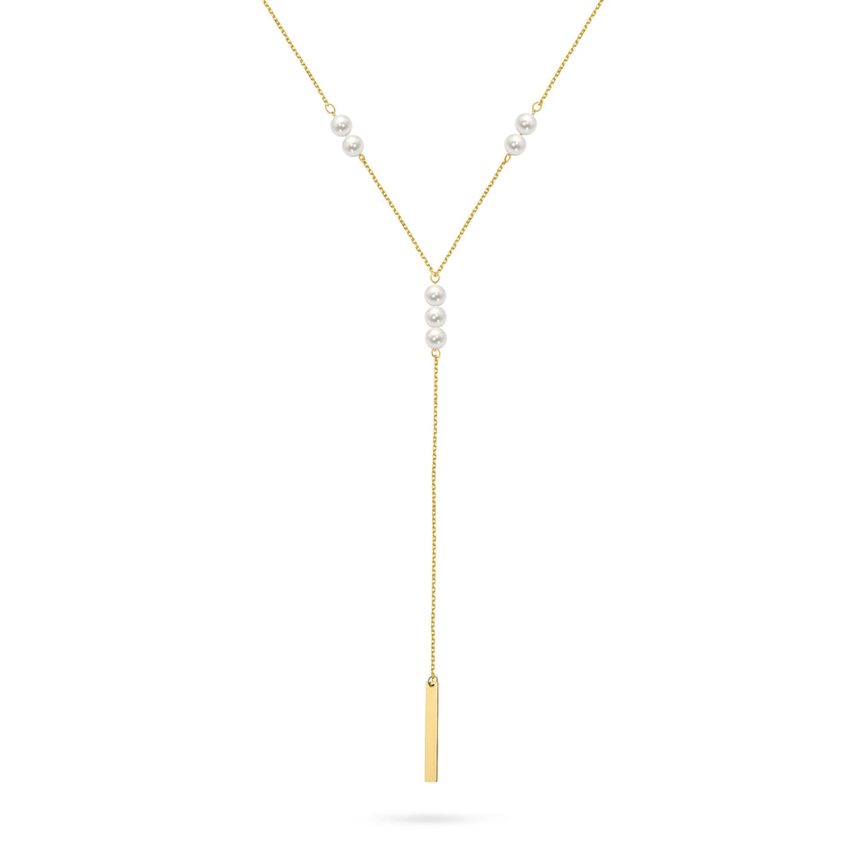 Gold 14k(585) tie necklace with pearl beads adn plate in vintage style. Order a gift for mother, girlfriend or fiancee.