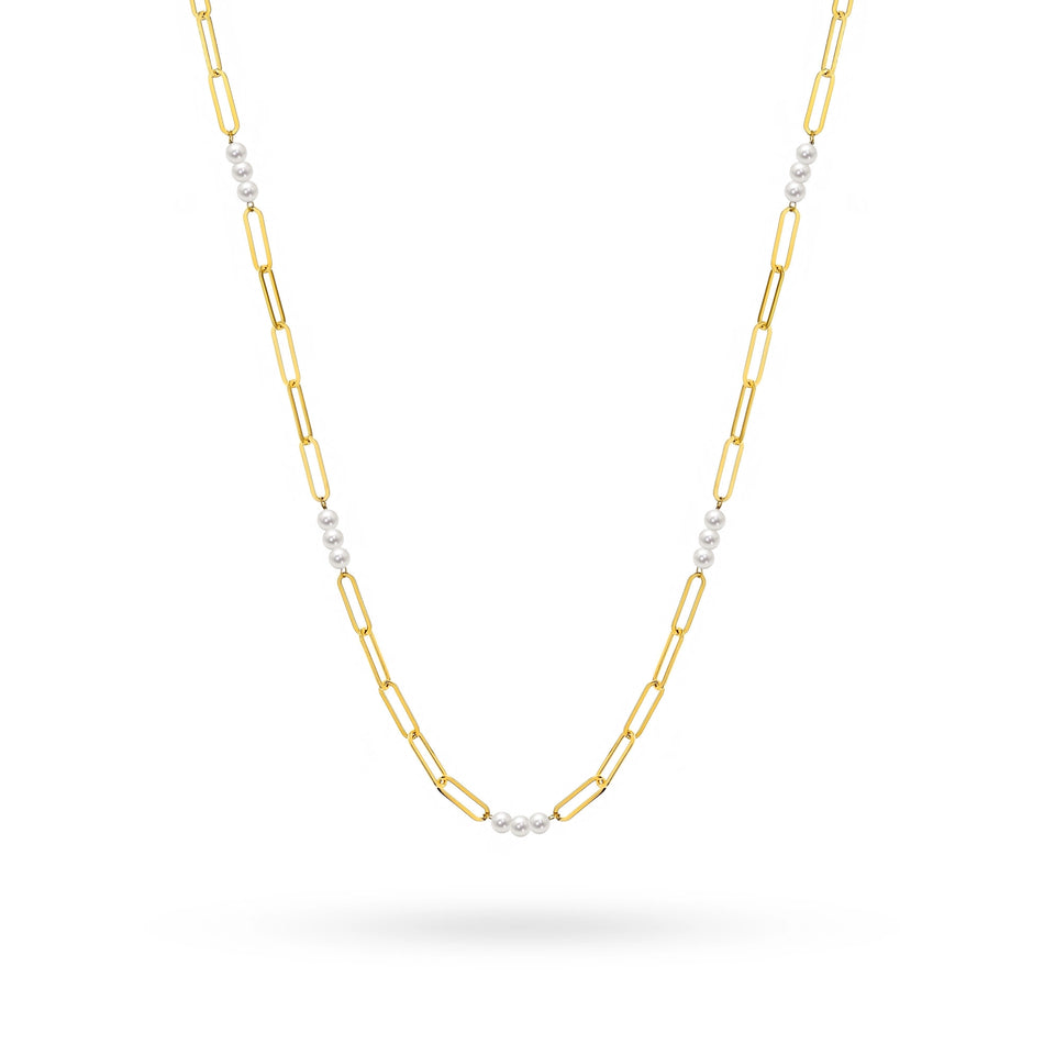 Gold 14k(585) wide necklace with pearl beads in vintage style. Order a gift for mother, girlfriend or fiancee.