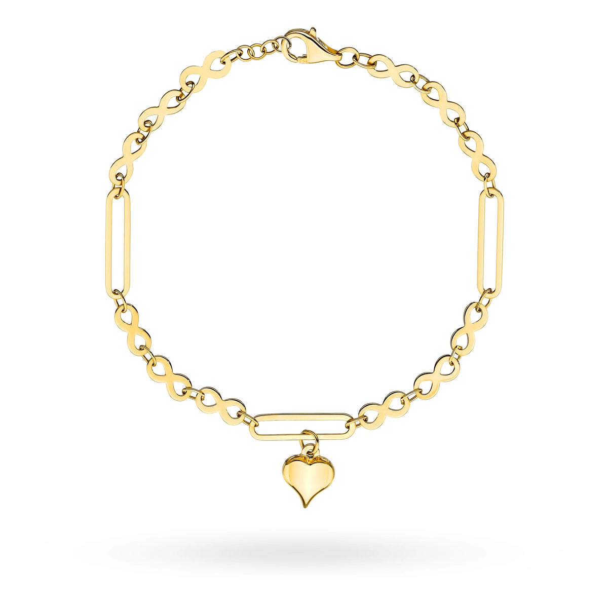14k Gold bracelet with infinity symbols and a heart charm. Packaged in elegant black box and a gift bag.