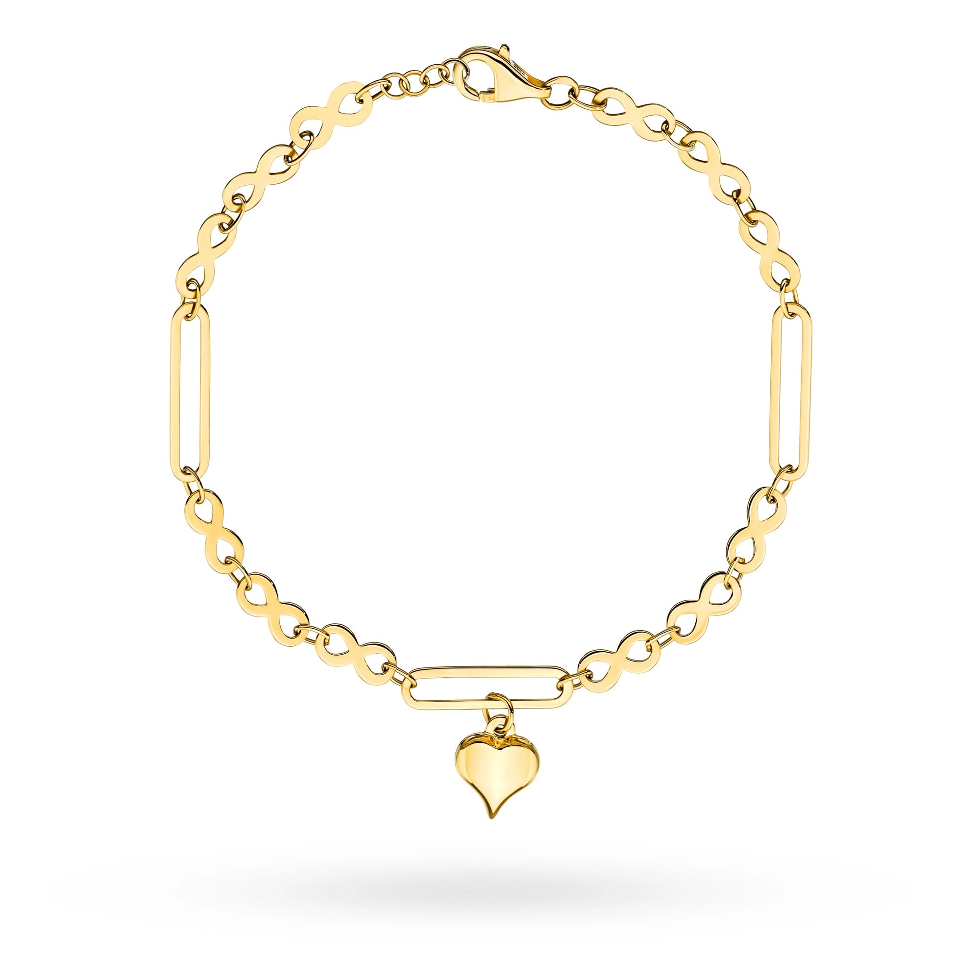 14k Gold bracelet with infinity symbols and a heart charm. Packaged in elegant black box and a gift bag.