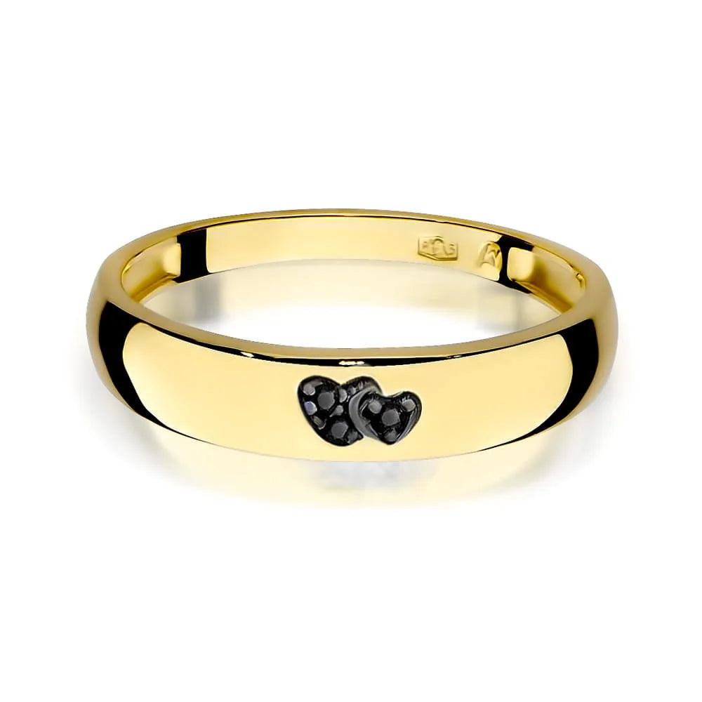 14-karätiger Goldring mit 2 schwarzen Diamantherzen. Klassisches Design mit modernem Akzent. Verpackt in schwarzer Schachtel, Papier und Geschenktüte.