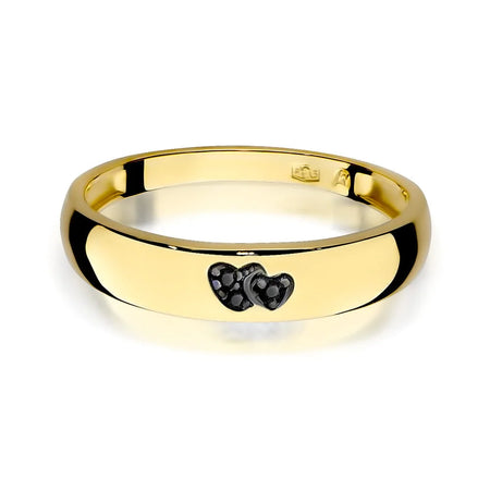 14k gold ring with 2 black diamond hearts. Classic design with modern twist. Packed in black box, paper, and gift bag.