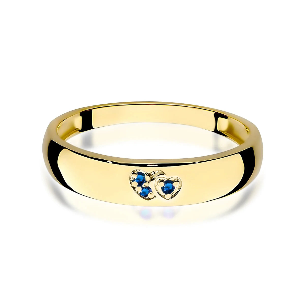 14-karätiger Goldring mit 2 blauen Zirkonia-Herzen. Klassisches Design mit modernem Akzent. Verpackt in schwarzer Schachtel, Papier und Geschenktüte.