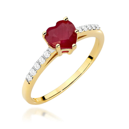 14-karätiger Goldring mit Rubinherzen und 0,10 ct Diamanten. Verpackt in schwarzer Schachtel, Papier und Geschenktüte.